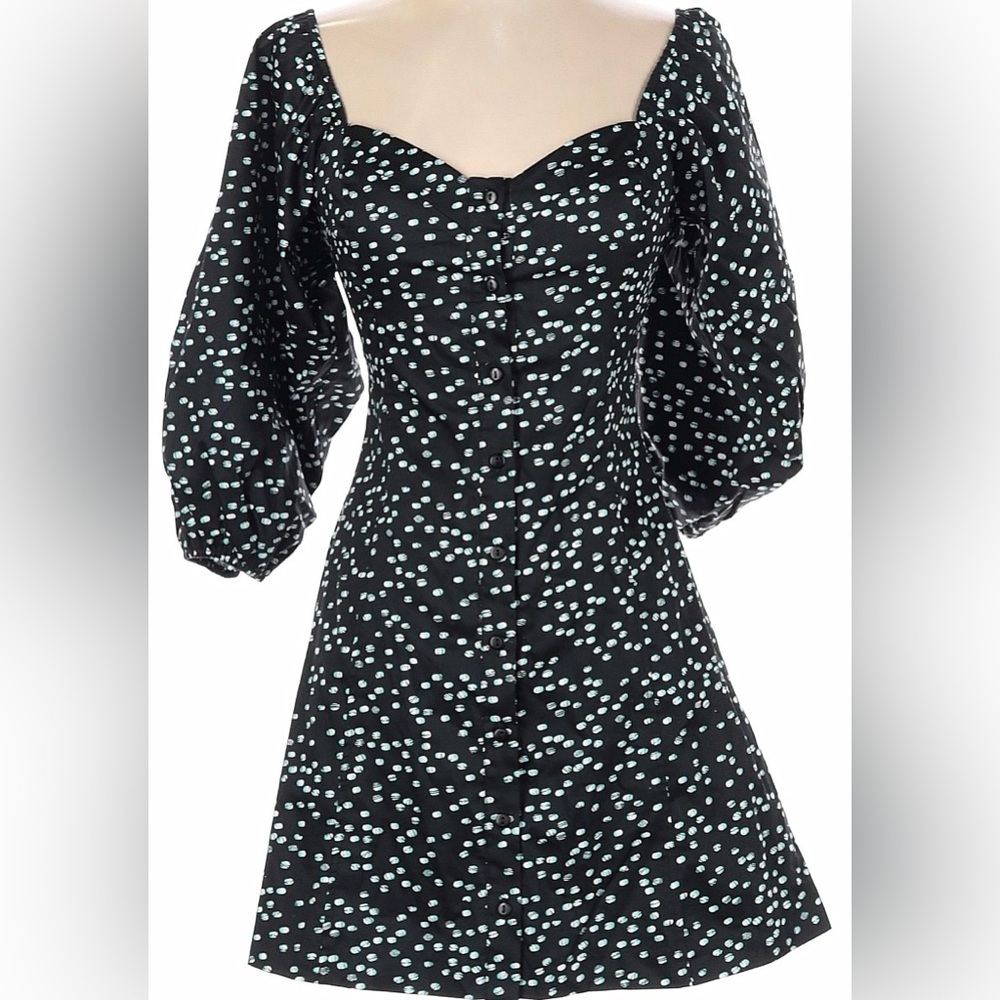 Parker Mini Dress Black Mint Confetti Puffed Long Sleeve Button Up Front, sz 00